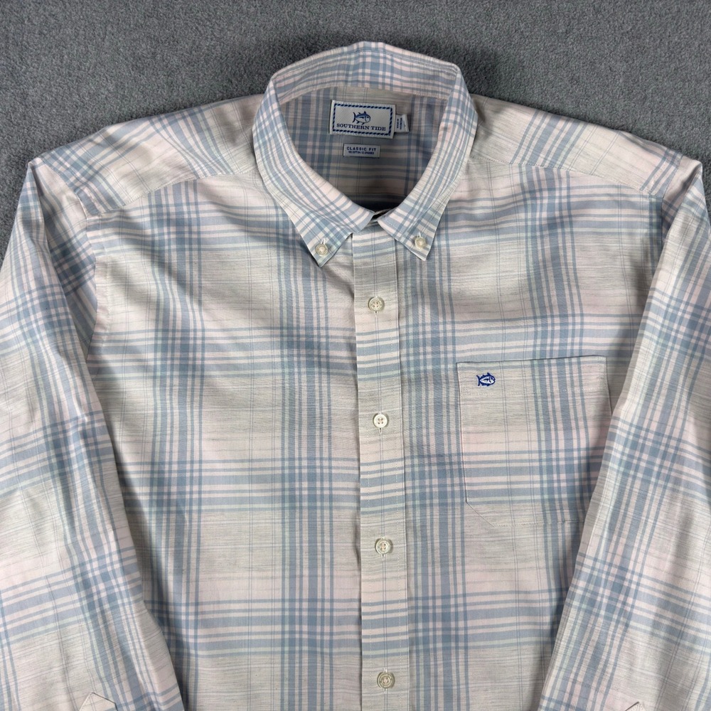 Southern Tide Classic Fit Shirt Mens L Blue Plaid Button Down Cotton Stretch
